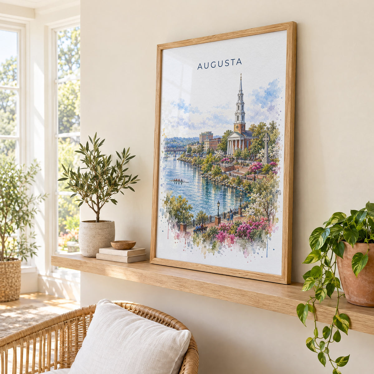 Augusta, Georgia watercolor print in an oak frame on a picture ledge in a sunlit sunroom