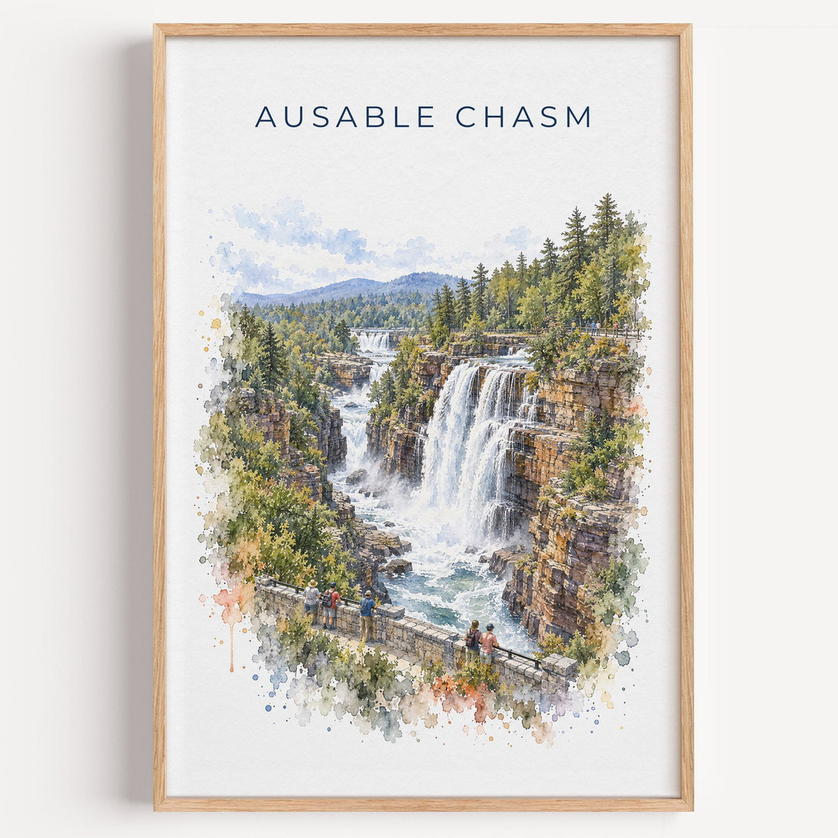Ausable Chasm watercolor print in a light oak frame on a plain white wall