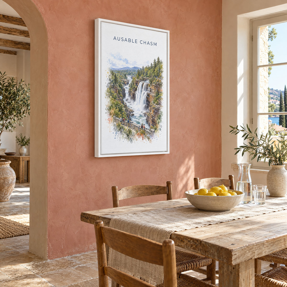 Ausable Chasm watercolor print as a white floater canvas on a terracotta wall above a rustic dining table