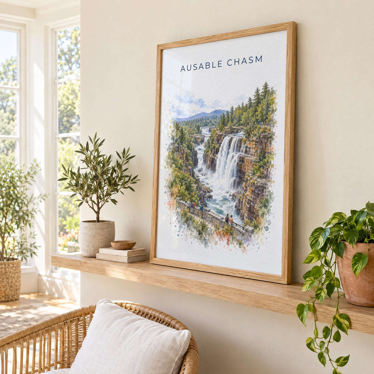 Ausable Chasm watercolor print in an oak frame on a picture ledge in a sunlit sunroom