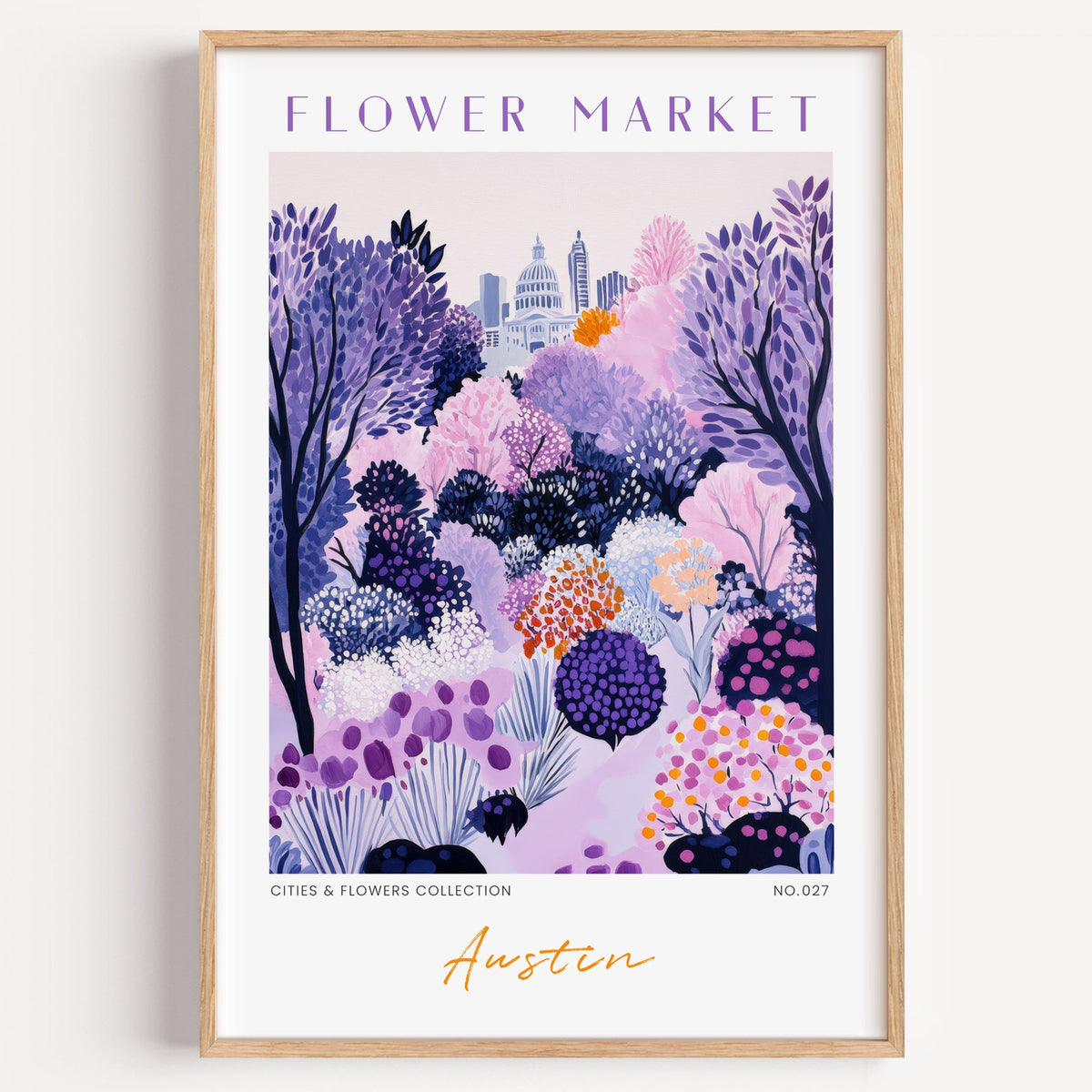 Austin flower market print in a light oak frame on a plain white wall