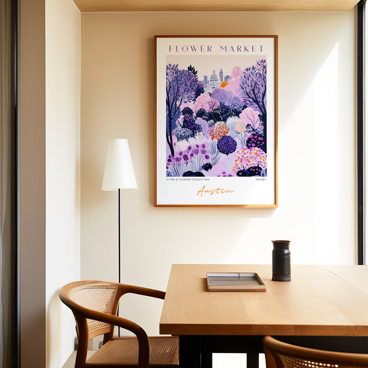 Austin flower market print in an oak frame above a dining table and cane chair