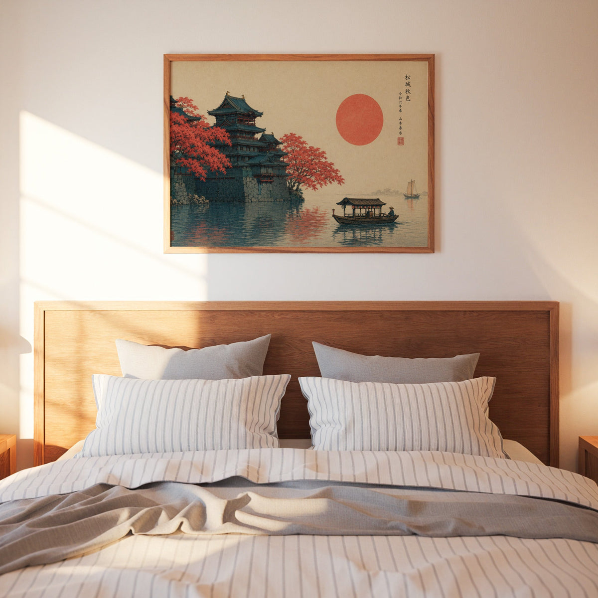 Autumn castle on a lake with red sun print in a warm wood frame above a bed with striped linen bedding