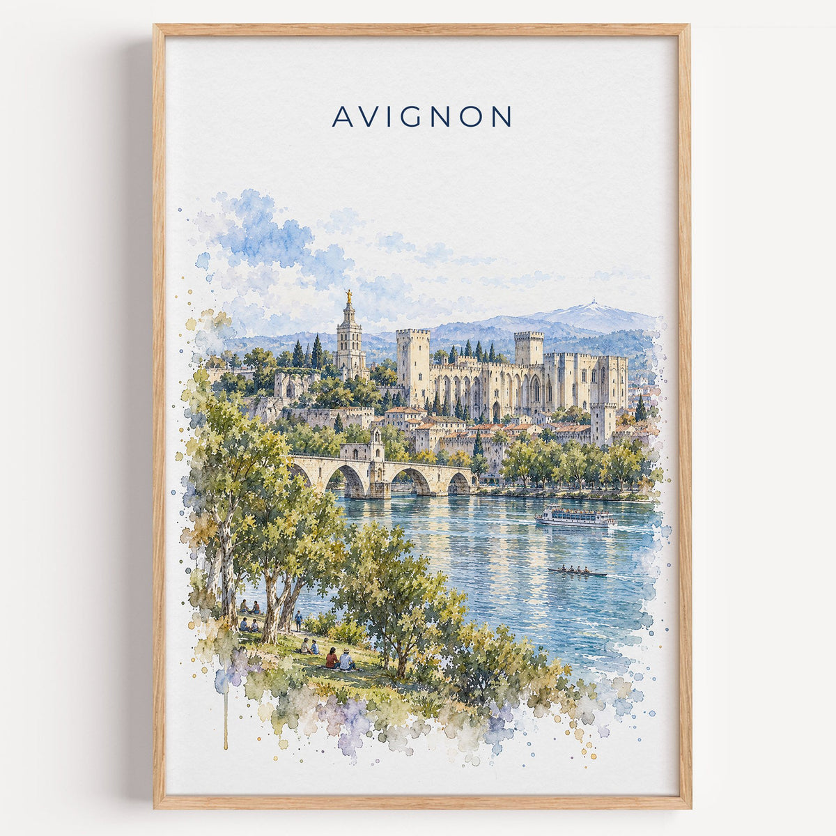 Avignon watercolor print in a light oak frame on a plain white wall