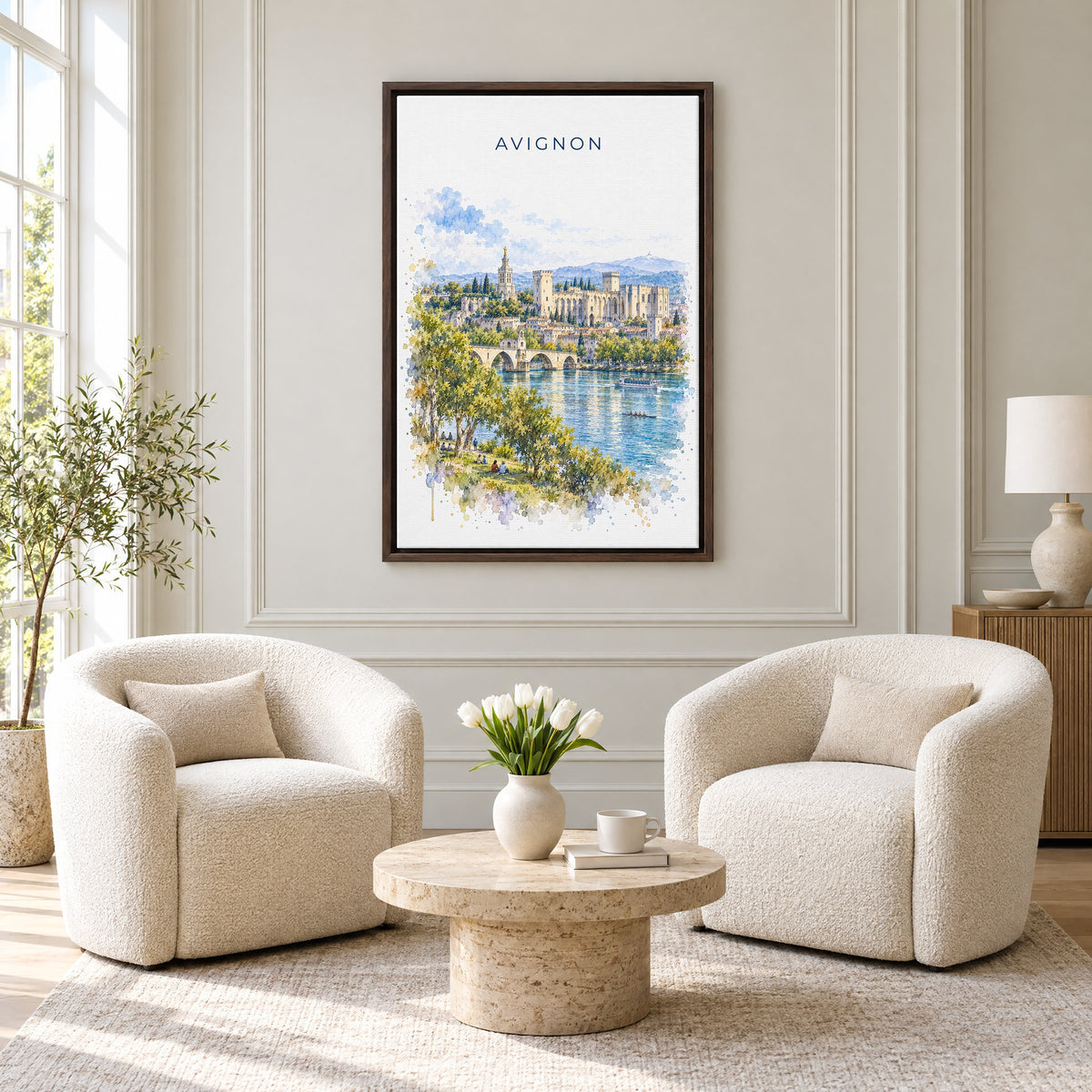 Avignon watercolor print as an espresso floater canvas above two boucle armchairs in a hotel lounge