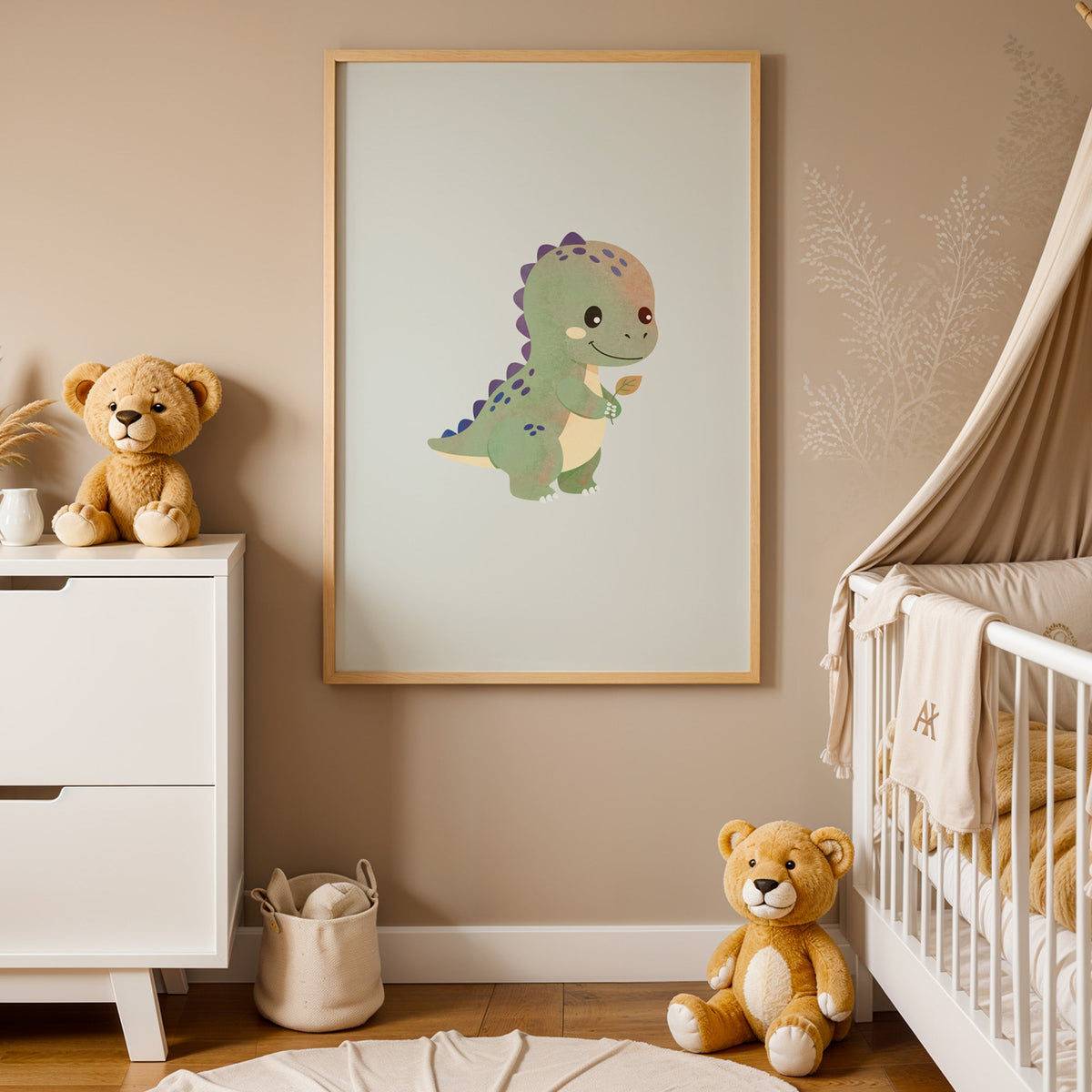 Smiling baby dinosaur holding a leaf nursery print in an oak frame between a white dresser and a canopy crib