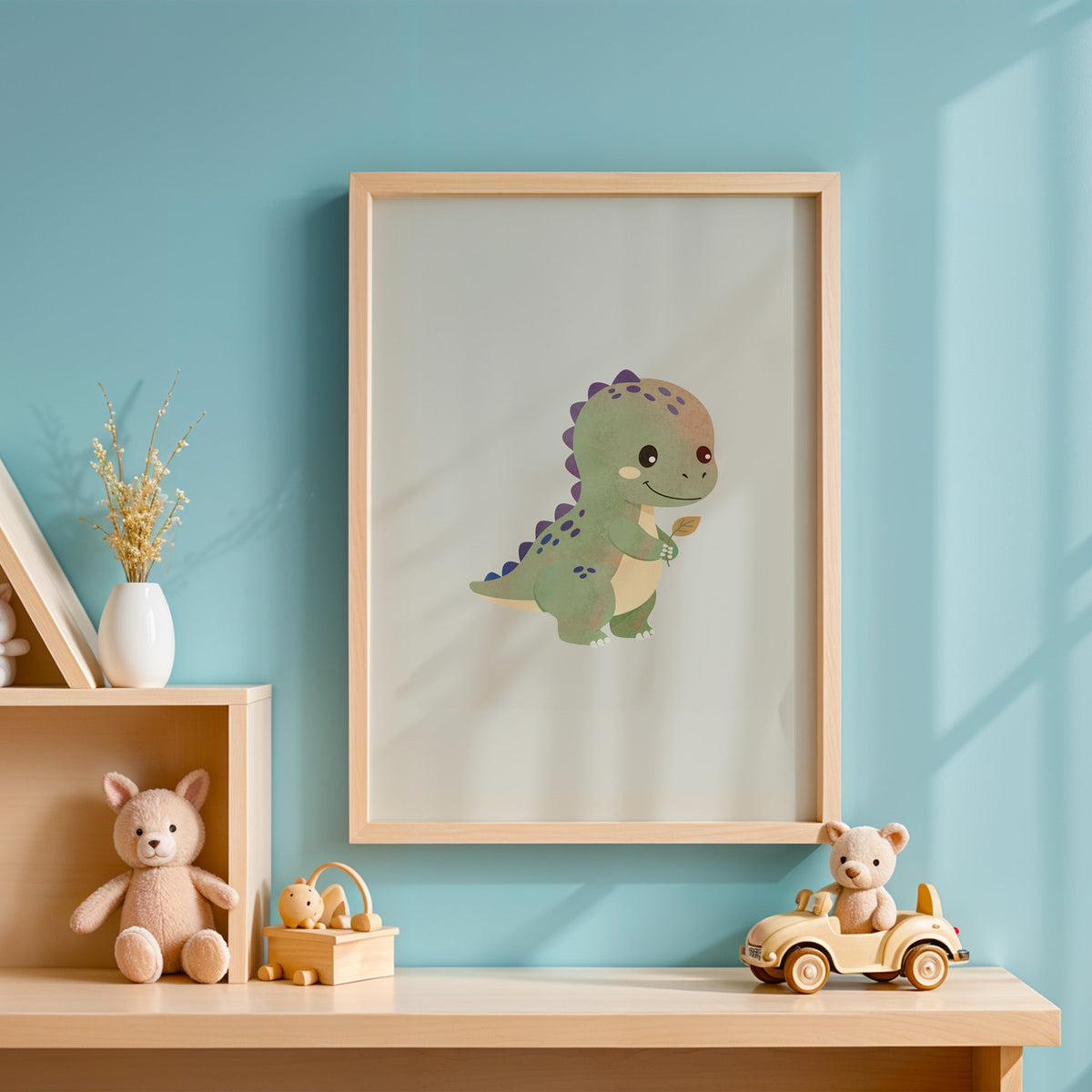 Smiling baby dinosaur holding a leaf nursery print in an oak frame on a blue wall above a shelf of wooden toys