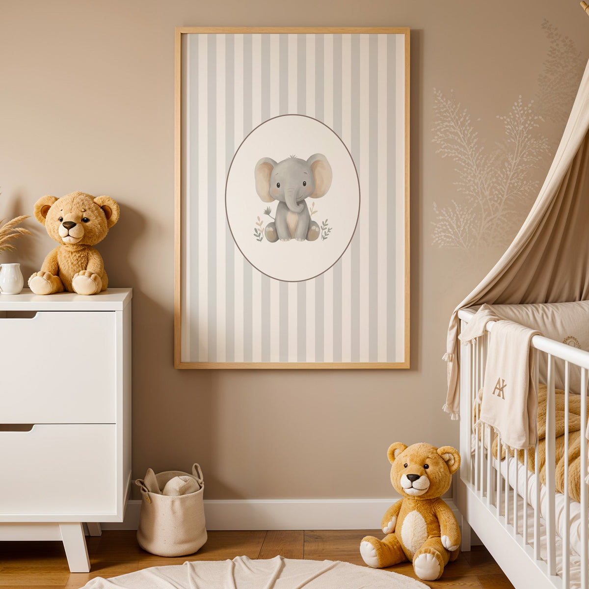 Baby elephant in a cream oval on grey stripes nursery print in an oak frame between a white dresser and a canopy crib