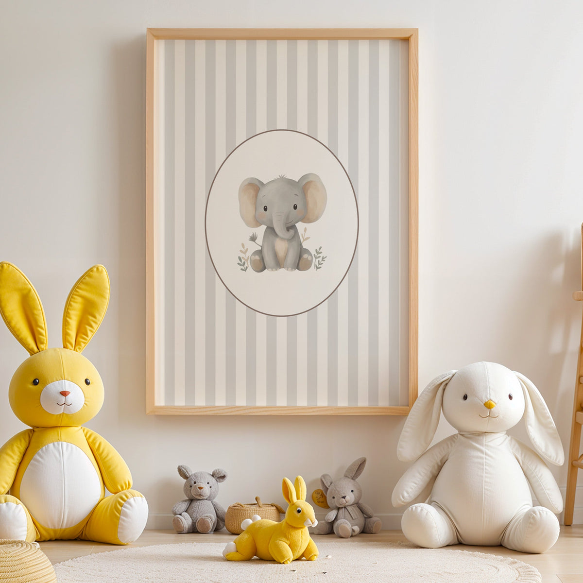 Baby elephant in a cream oval on grey stripes nursery print in an oak frame above yellow and white plush bunnies