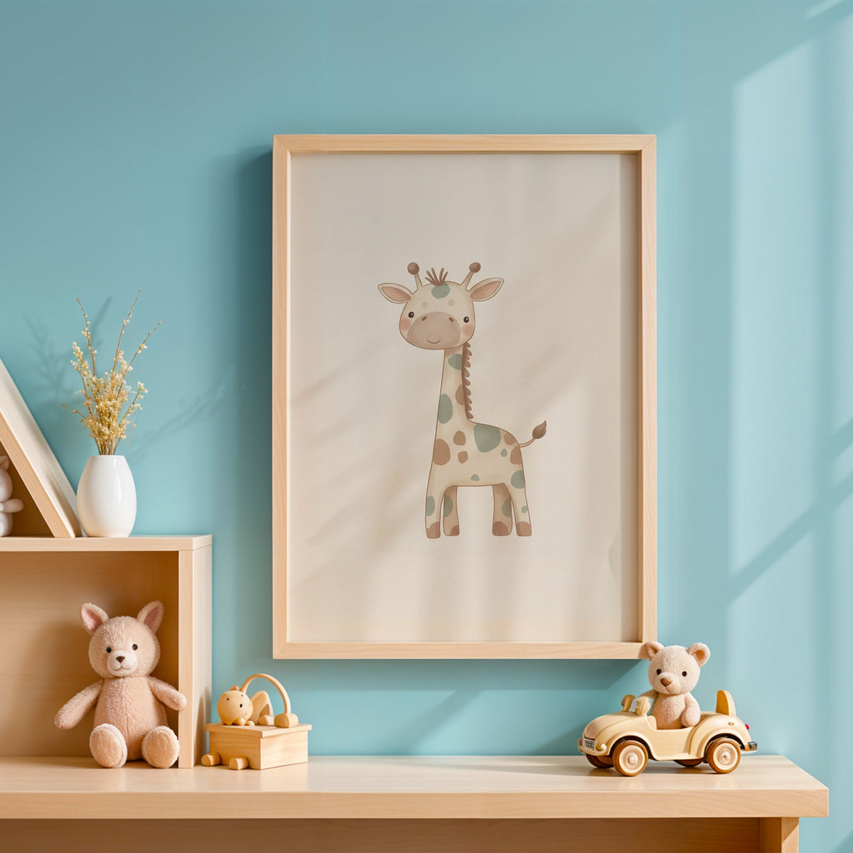 Smiling baby giraffe with sage spots nursery print in an oak frame on a blue wall above a shelf of wooden toys