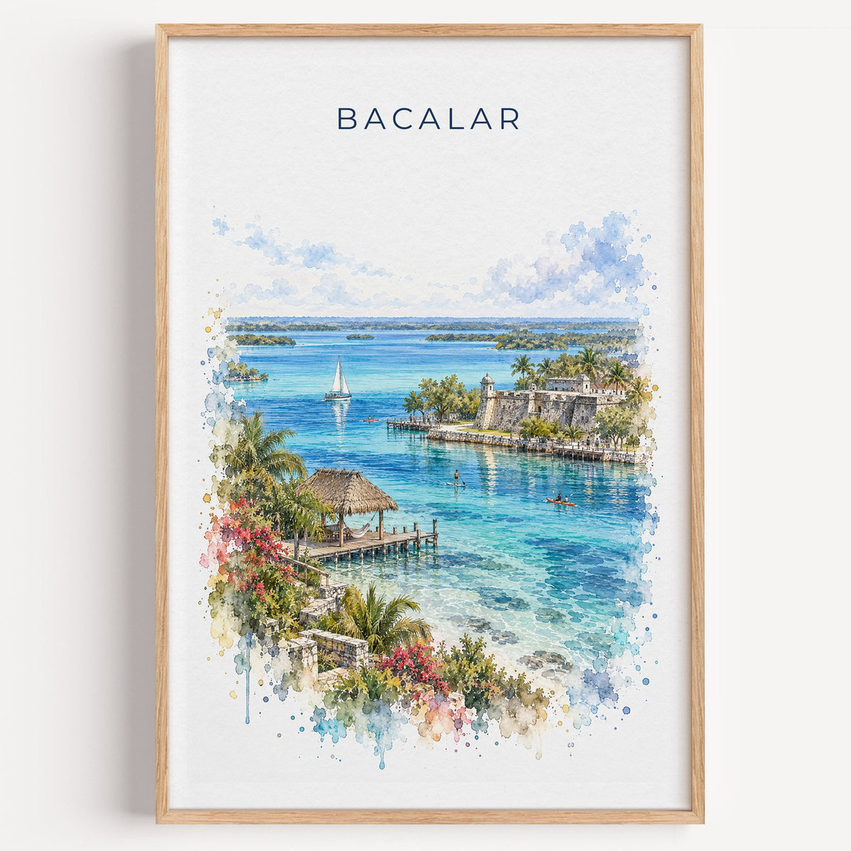 Bacalar watercolor print in a light oak frame on a plain white wall