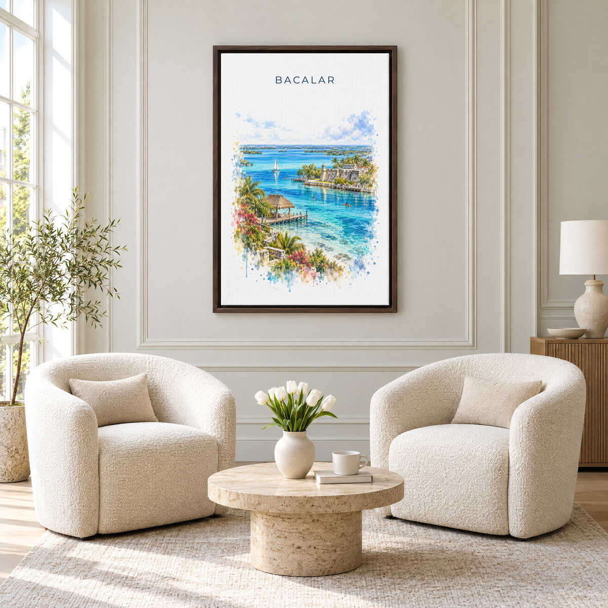 Bacalar watercolor print as an espresso floater canvas above two boucle armchairs in a hotel lounge