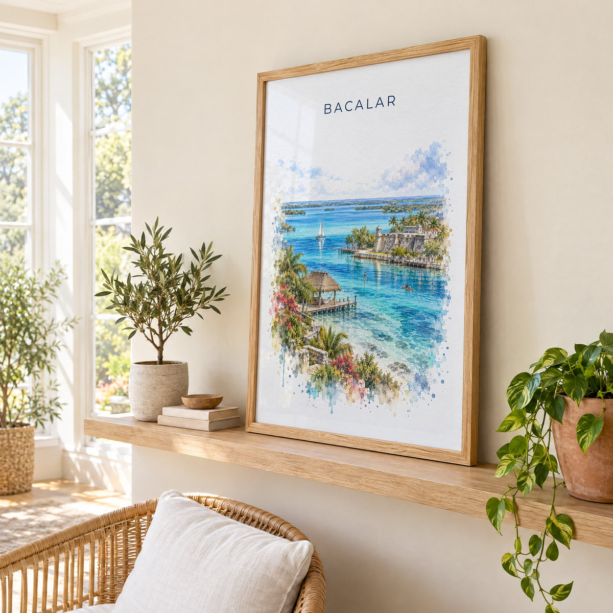 Bacalar watercolor print in an oak frame on a picture ledge in a sunlit sunroom