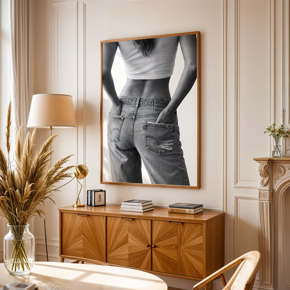 Hands in back pockets of distressed jeans print in an oak frame above a sunburst wood sideboard with pampas grass