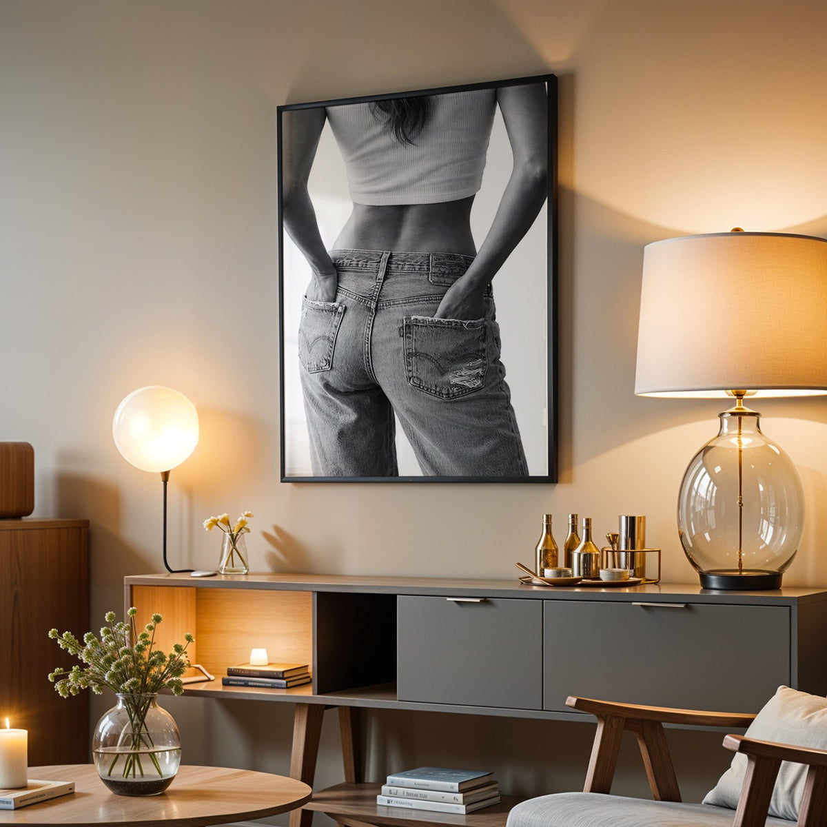 Hands in back pockets of distressed jeans print in a black frame above a grey media console with a glass table lamp