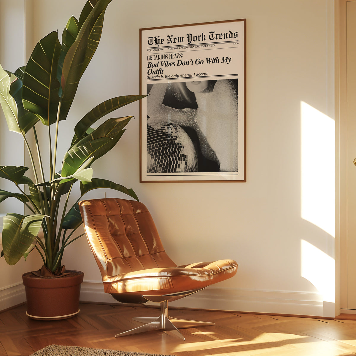 Sequin top and disco ball mock newspaper print in a walnut frame above a leather lounge chair