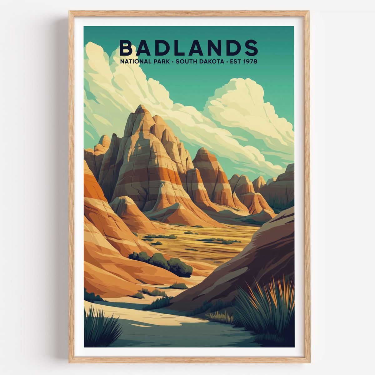 Badlands National Park illustrated print: banded buttes above a prairie wash, in an oak frame