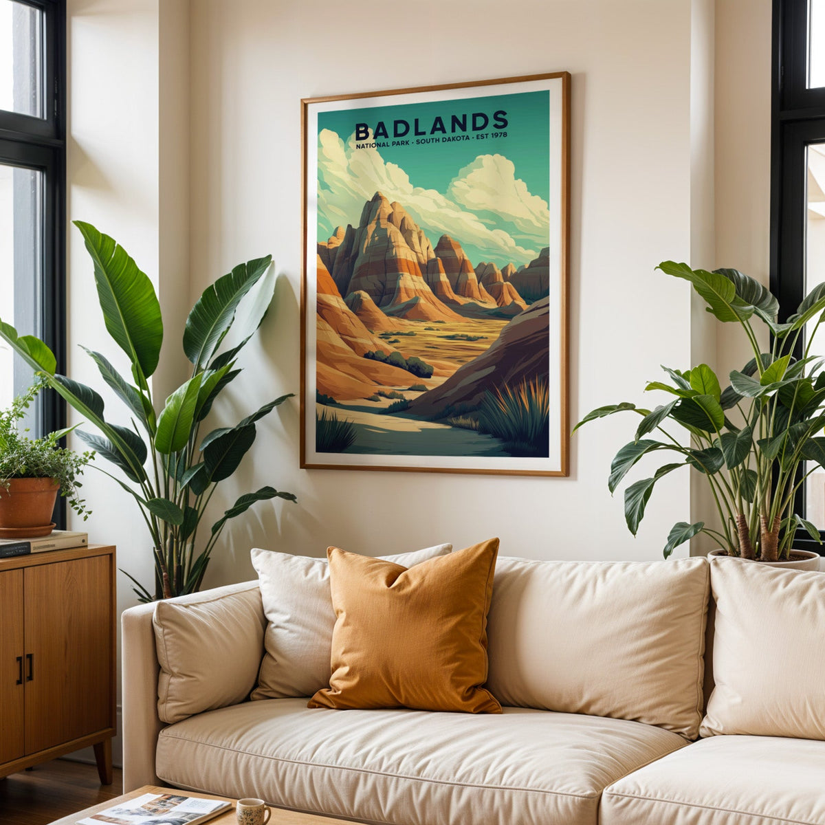 Badlands National Park print in an oak frame above a cream living room sofa with an ochre cushion