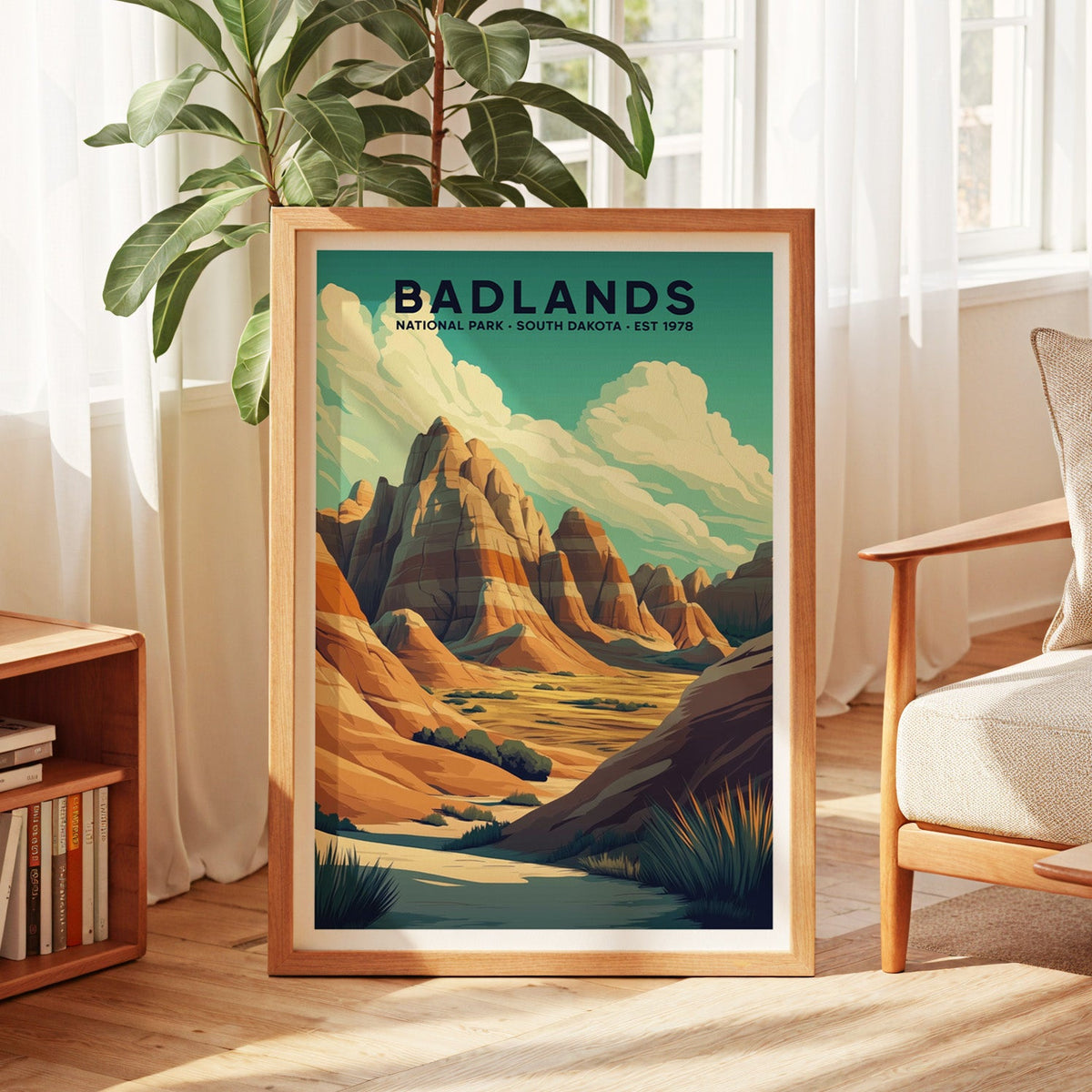 Badlands National Park print in an oak frame by a sunlit window with sheer curtains and a fig plant