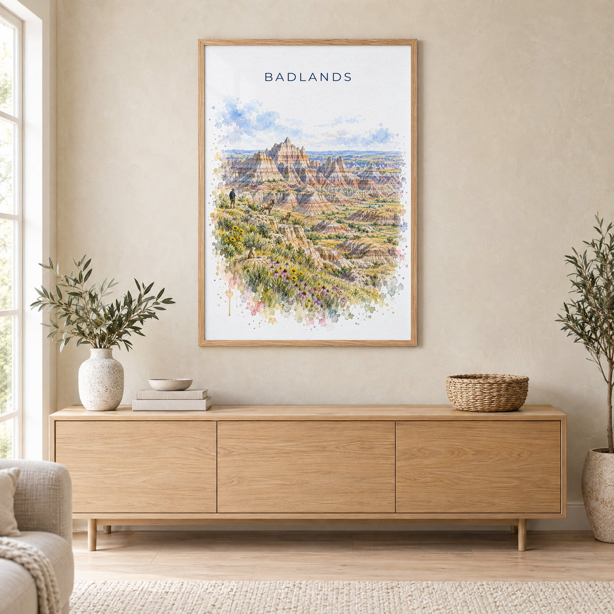 Badlands National Park watercolor print in an oak frame above a light wood sideboard in a Scandinavian living room