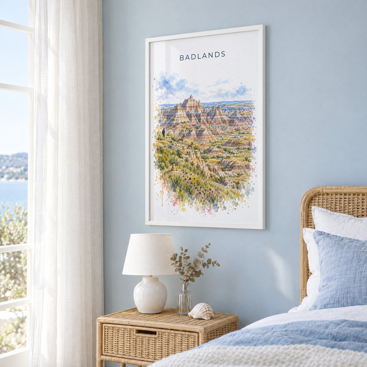 Badlands National Park watercolor print in a white frame on a pale blue wall beside a rattan bed in a coastal bedroom