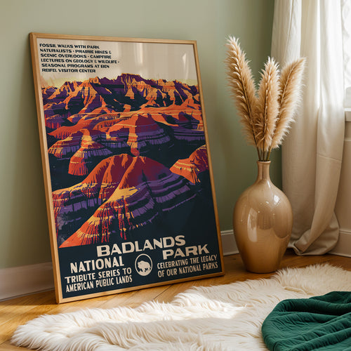 Badlands National Park wall art against a sage green wall with pampas and a sheepskin