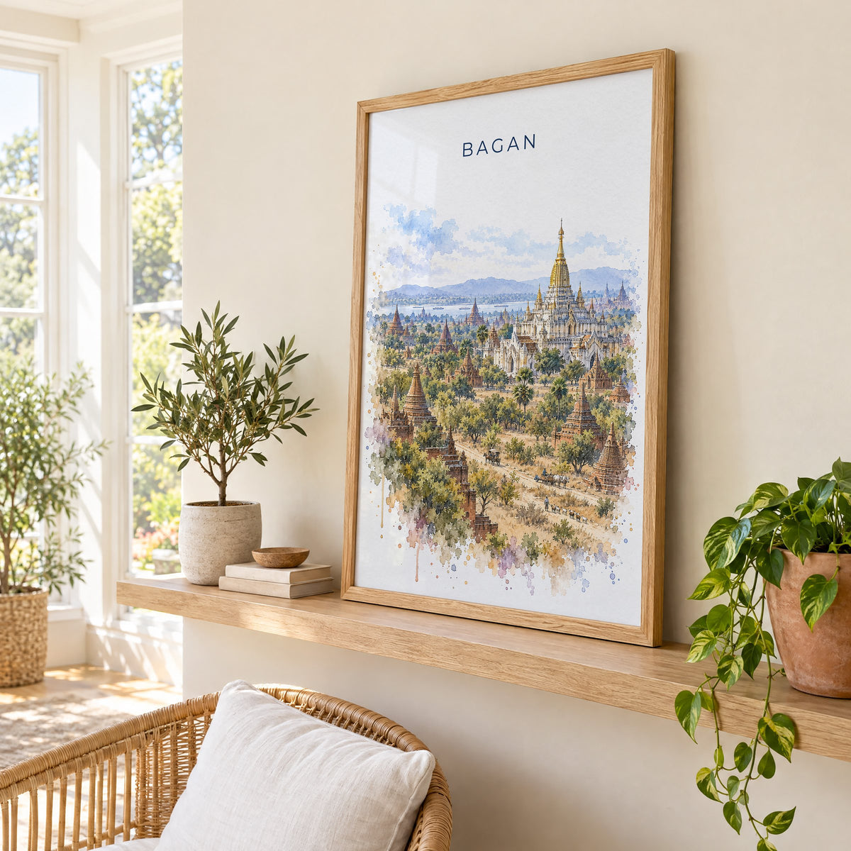 Bagan watercolor print in an oak frame on a picture ledge in a sunlit sunroom