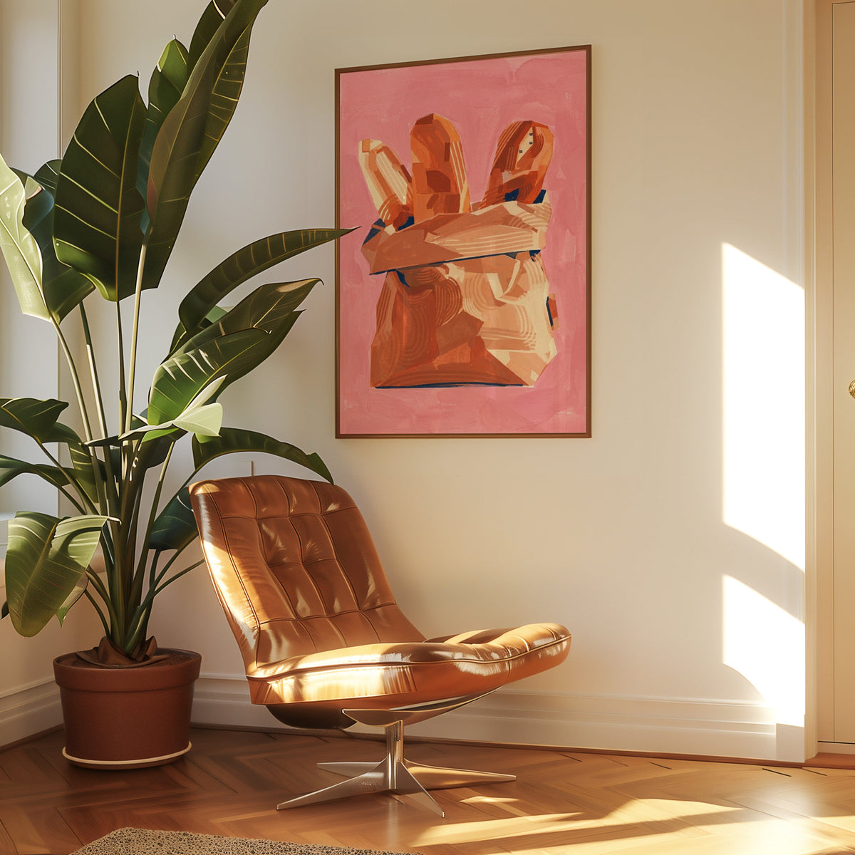 French bakery print in a slim walnut frame above a tan leather lounge chair