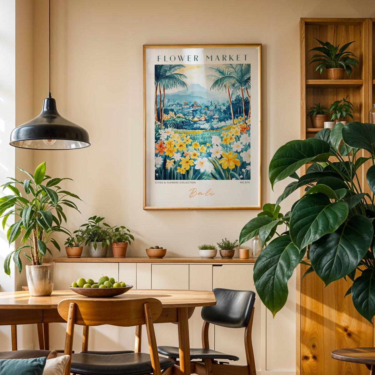 Bali flower market print in an oak frame above a dining sideboard lined with potted plants