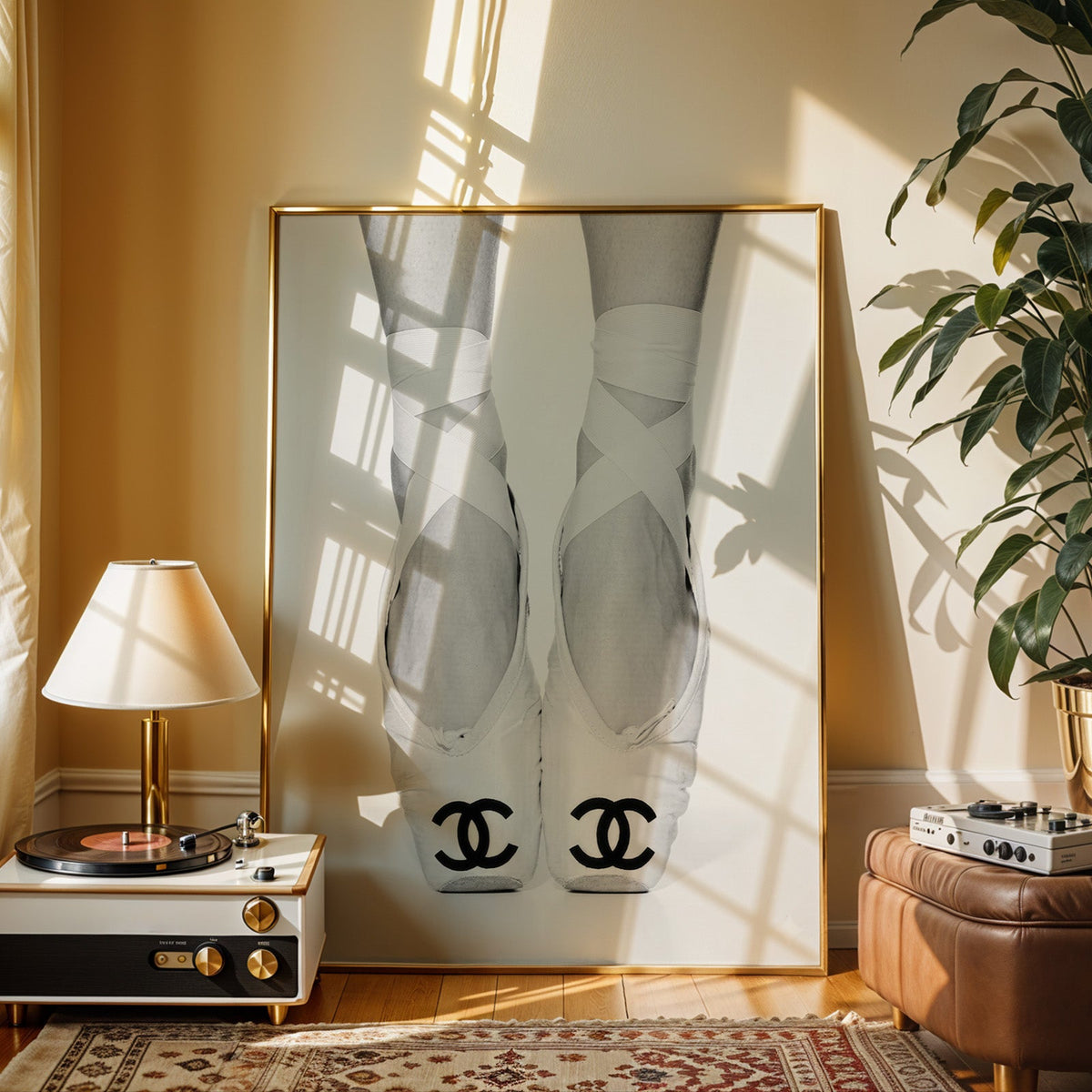 White ballet pointe shoes with crossed ribbons print shown in a gold frame beside a record player and table lamp