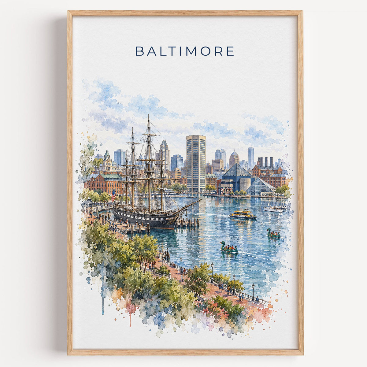 Baltimore watercolor print in a light oak frame on a plain white wall