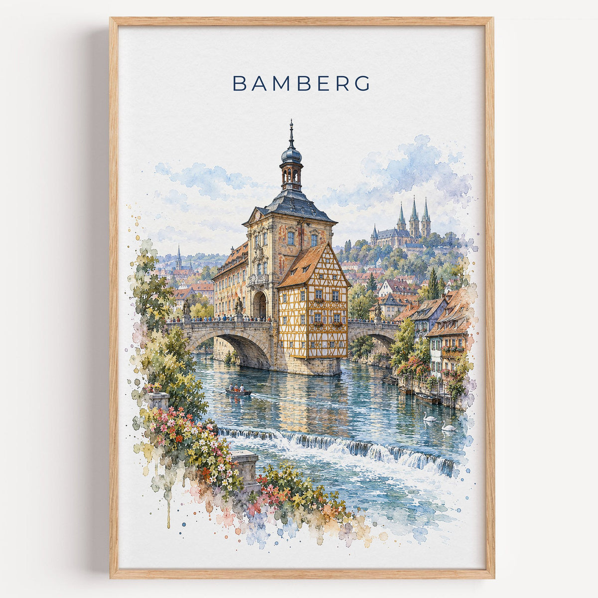 Bamberg watercolor print in a light oak frame on a plain white wall