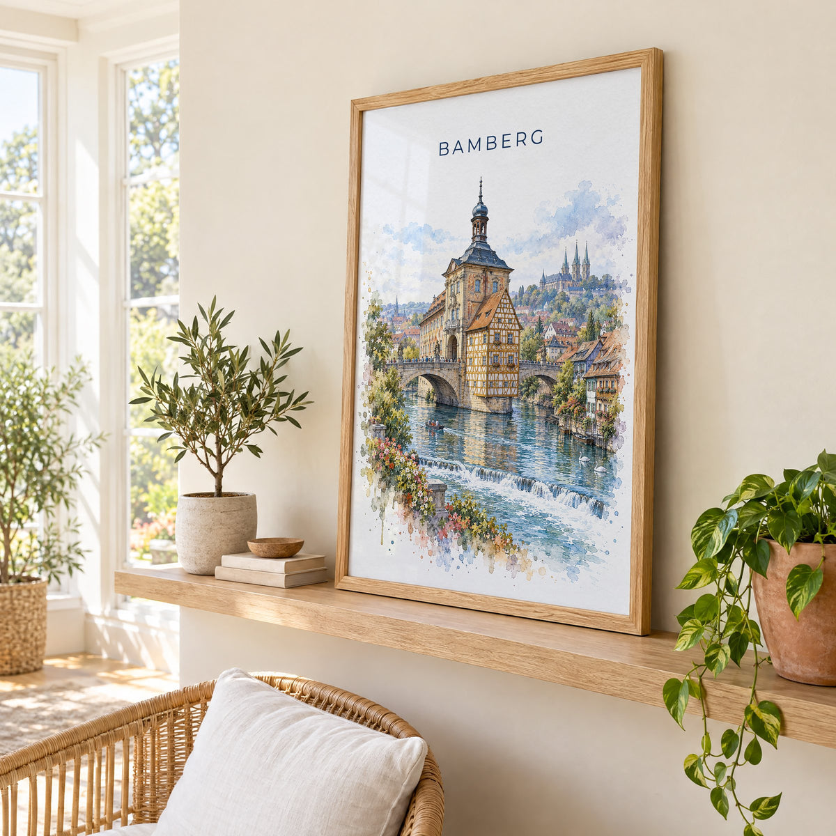 Bamberg watercolor print in an oak frame on a picture ledge in a sunlit sunroom