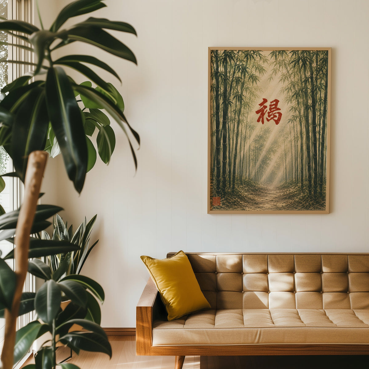 Bamboo forest red kanji poster in an oak frame above a tan tufted leather sofa with a mustard cushion