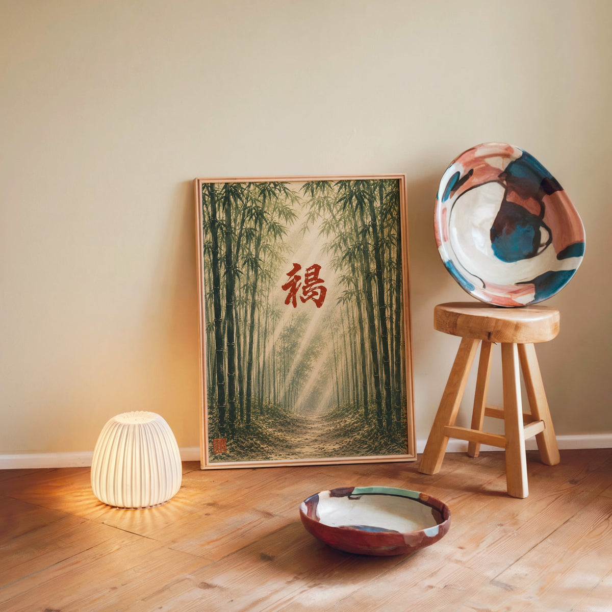 Bamboo forest red kanji poster in a light wood frame leaning on a wooden floor by a glowing lamp and stool