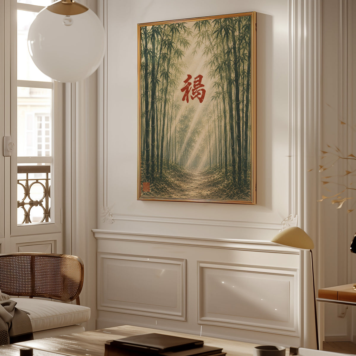 Bamboo forest red kanji poster shown in a gold frame on a paneled wall in a Parisian-style living room