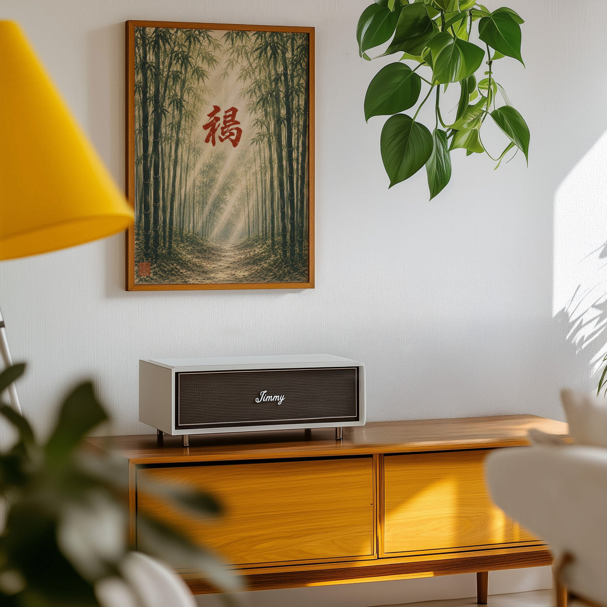 Bamboo forest red kanji poster in an oak frame above a teak mid-century sideboard with trailing pothos
