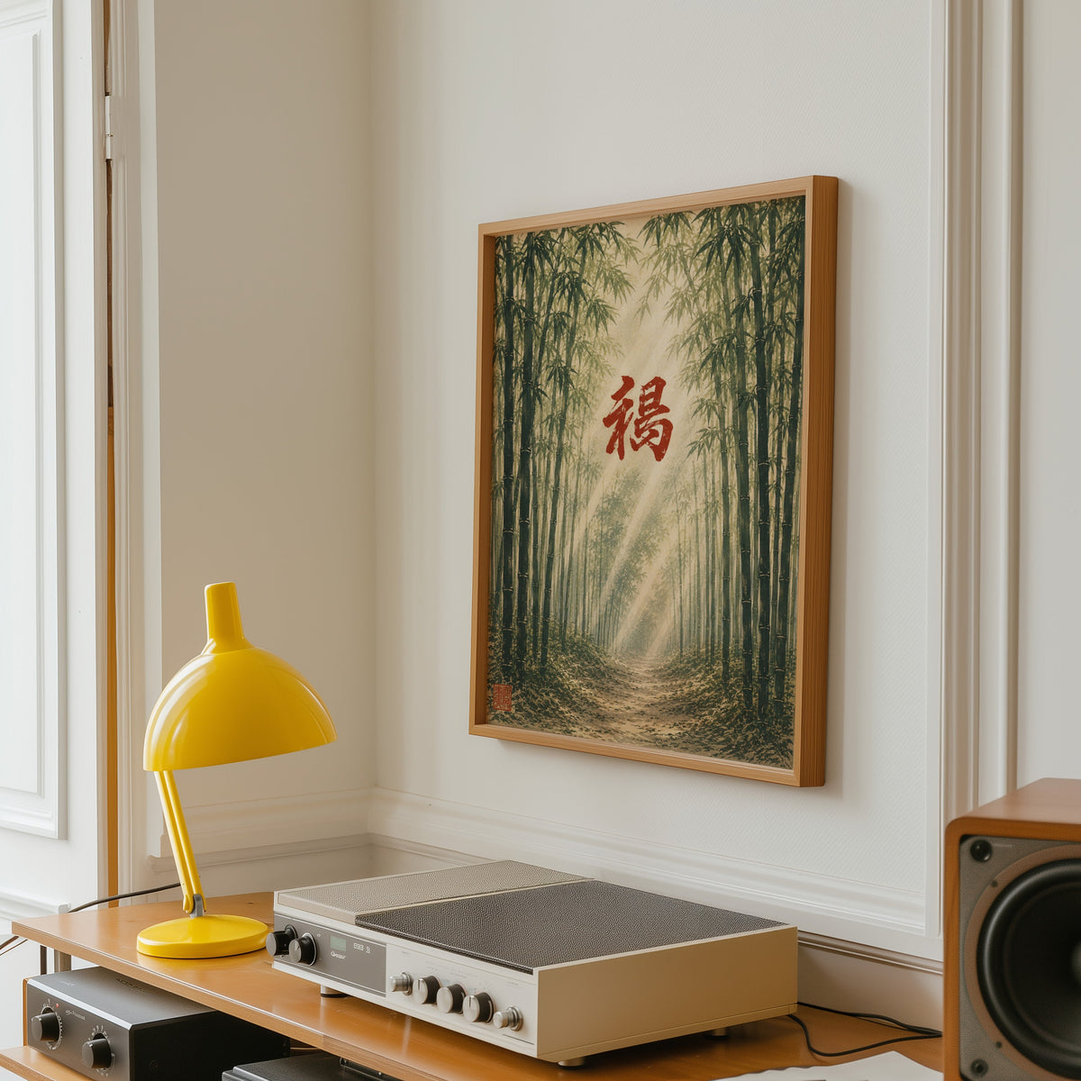 Bamboo forest red kanji poster in an oak frame above a vintage hi-fi shelf with a yellow desk lamp