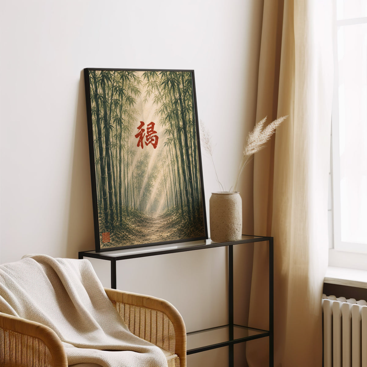 Bamboo forest red kanji poster in a black frame leaning on a glass console beside pampas grass