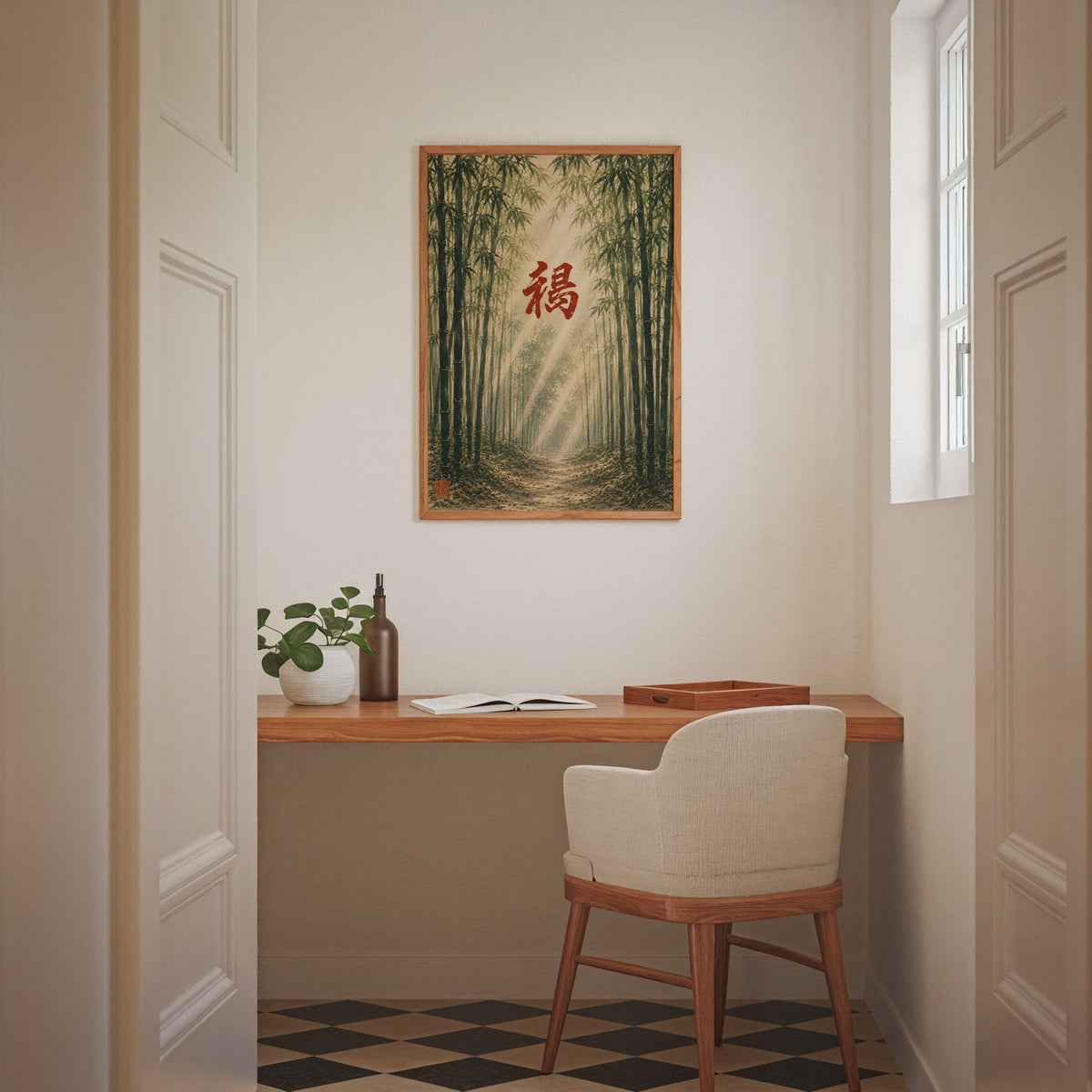 Bamboo forest red kanji poster in an oak frame above a wall-mounted desk in a home office nook
