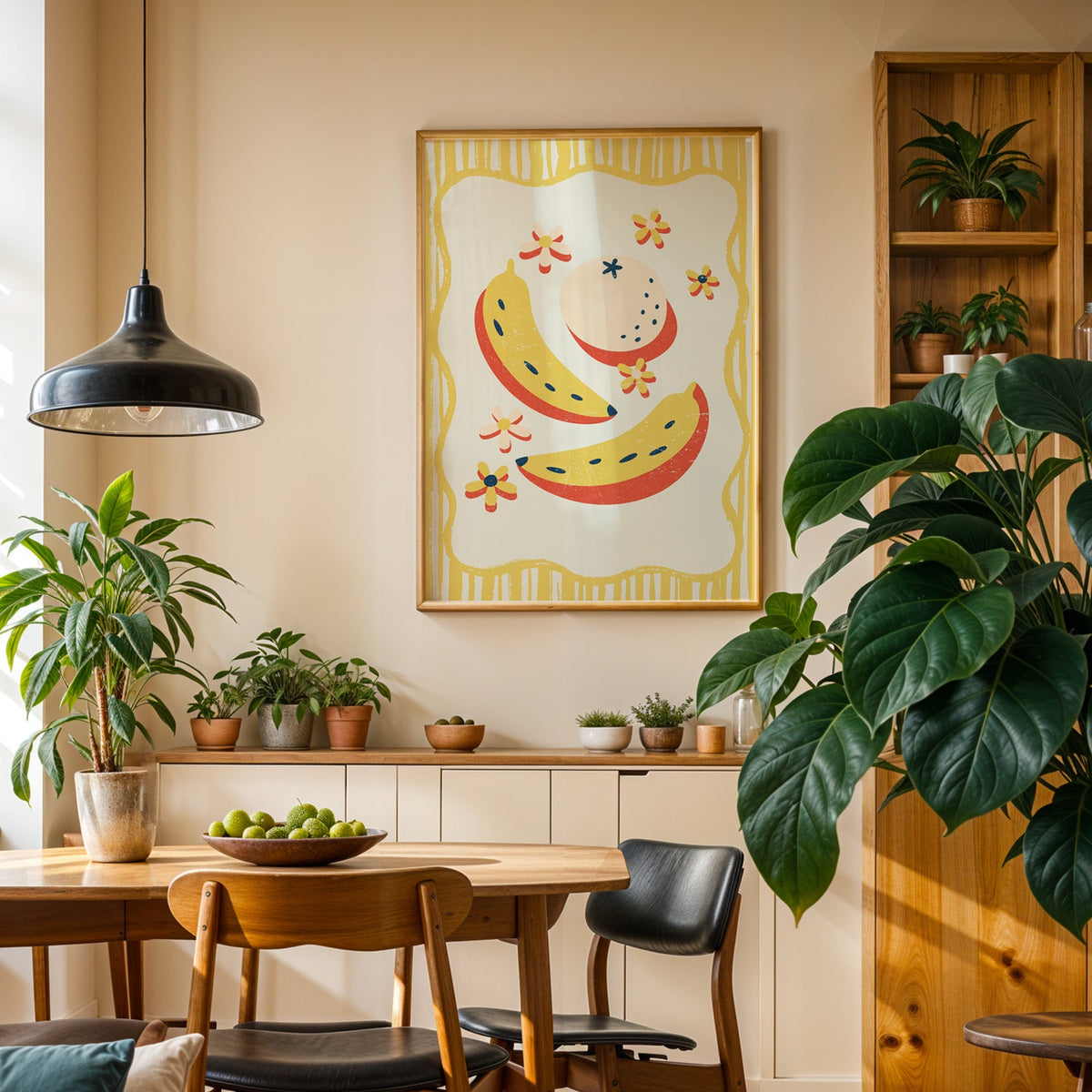 Banana and peach print in an oak frame in a dining room above a plant-lined sideboard