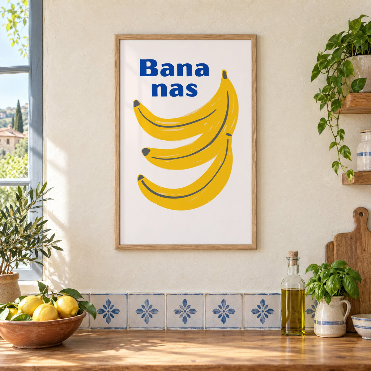 Bana nas blue type banana bunch print in an oak frame on a cream plaster wall above a worktop with a bowl of lemons and blue-and-white tiles