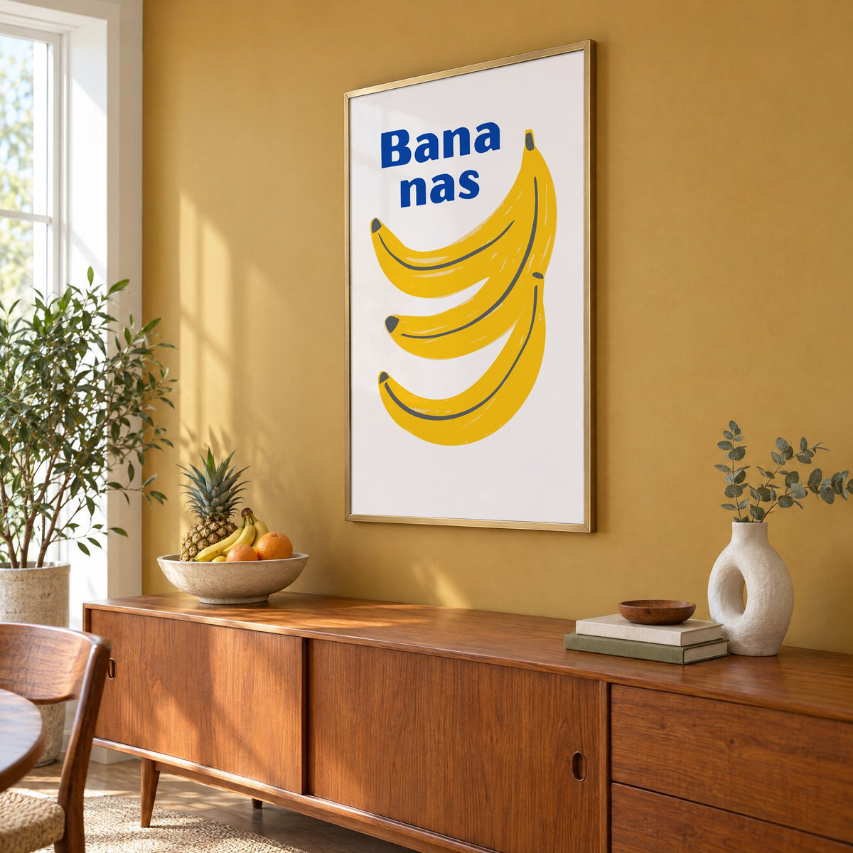 Bana nas blue type banana bunch print in a brass frame on a mustard wall above a teak sideboard with a fruit bowl, seen at an angle