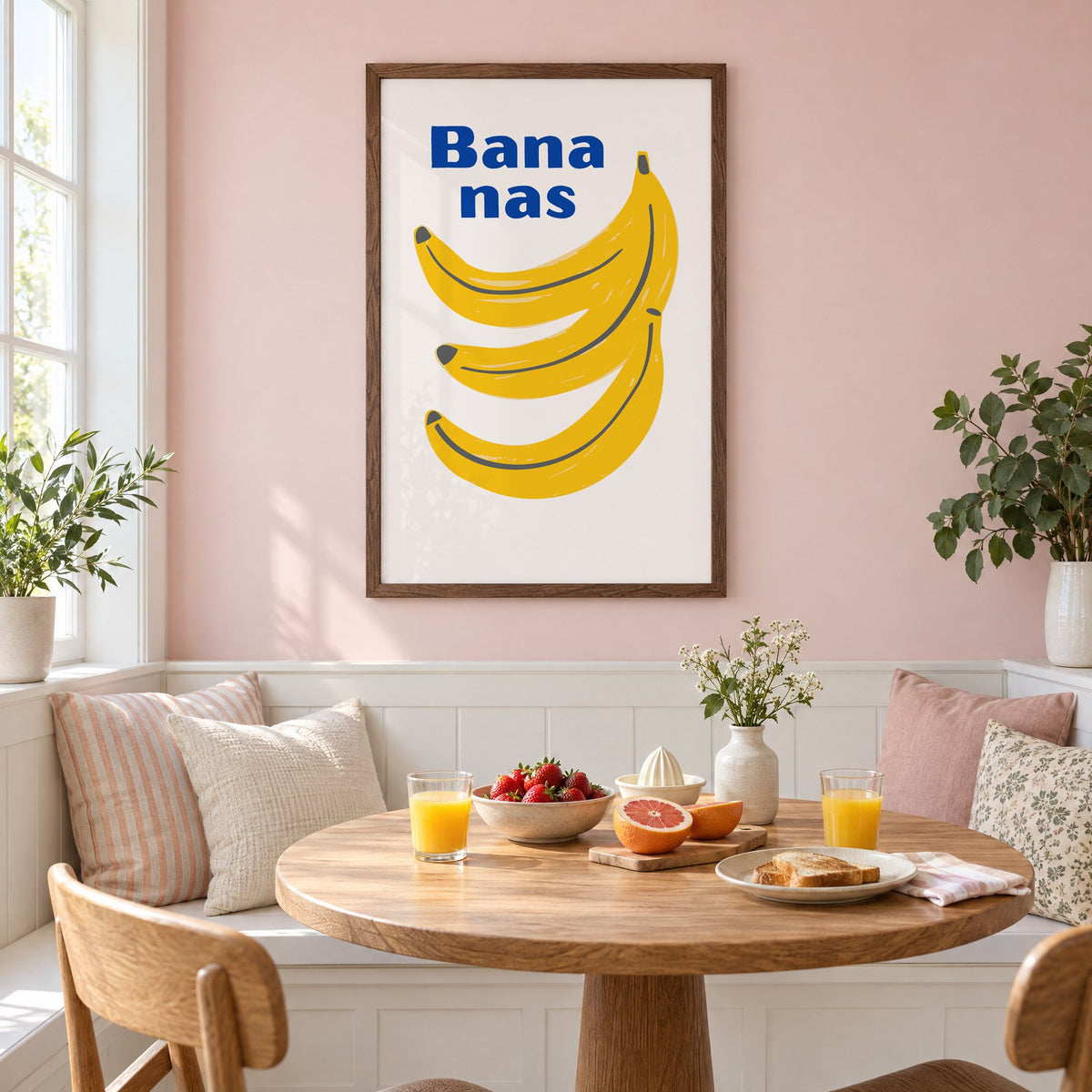 Bana nas blue type banana bunch print in a walnut frame on a pastel pink wall above a breakfast nook with strawberries and orange juice