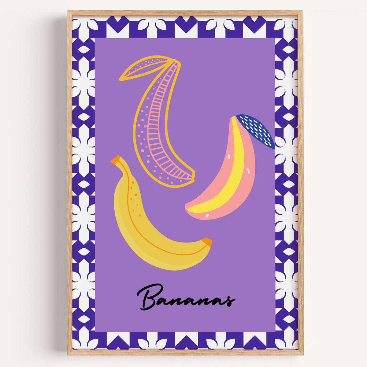 Bananas doodle lavender tile border print in a light oak frame on a plain white wall