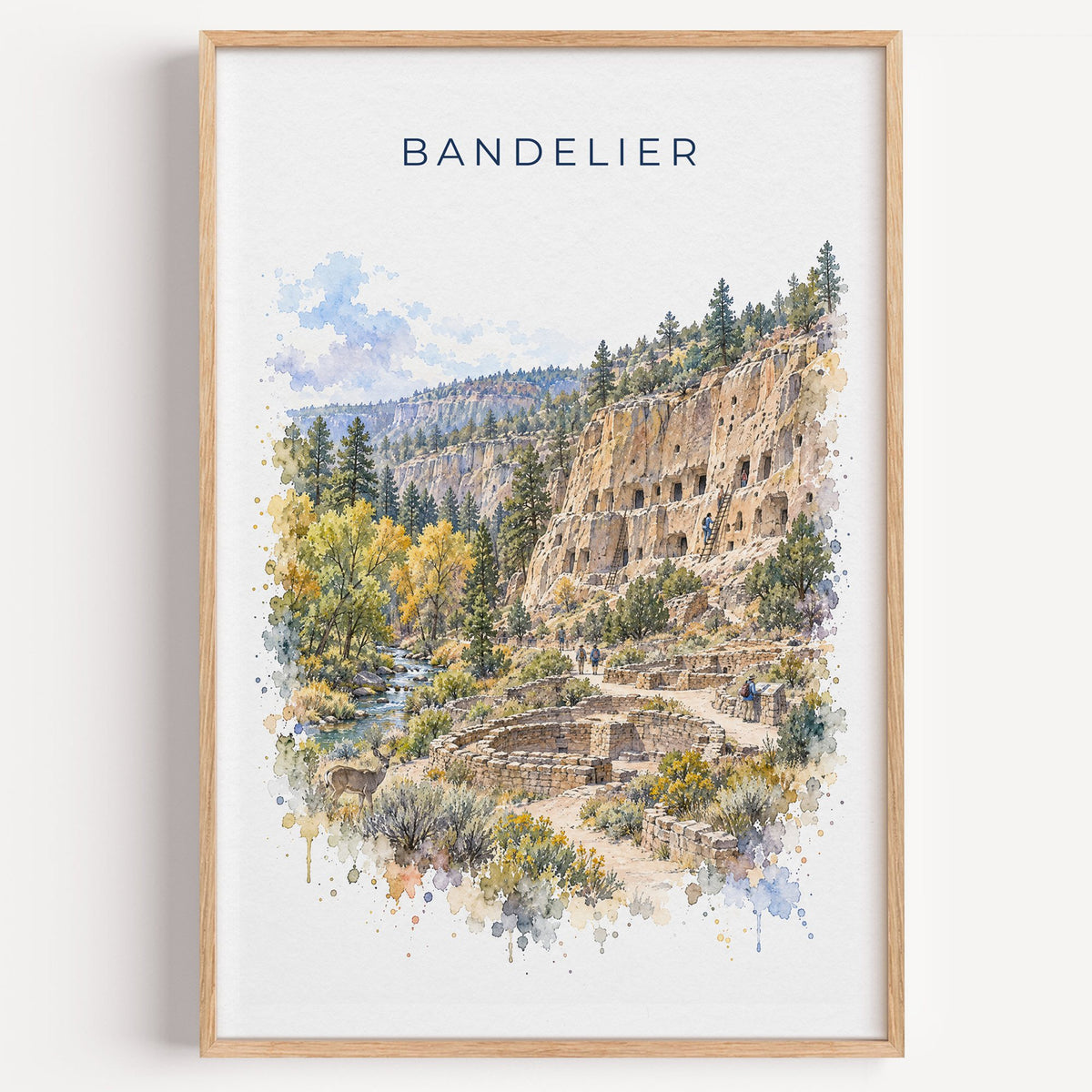 Bandelier National Monument watercolor print in a light oak frame on a plain white wall