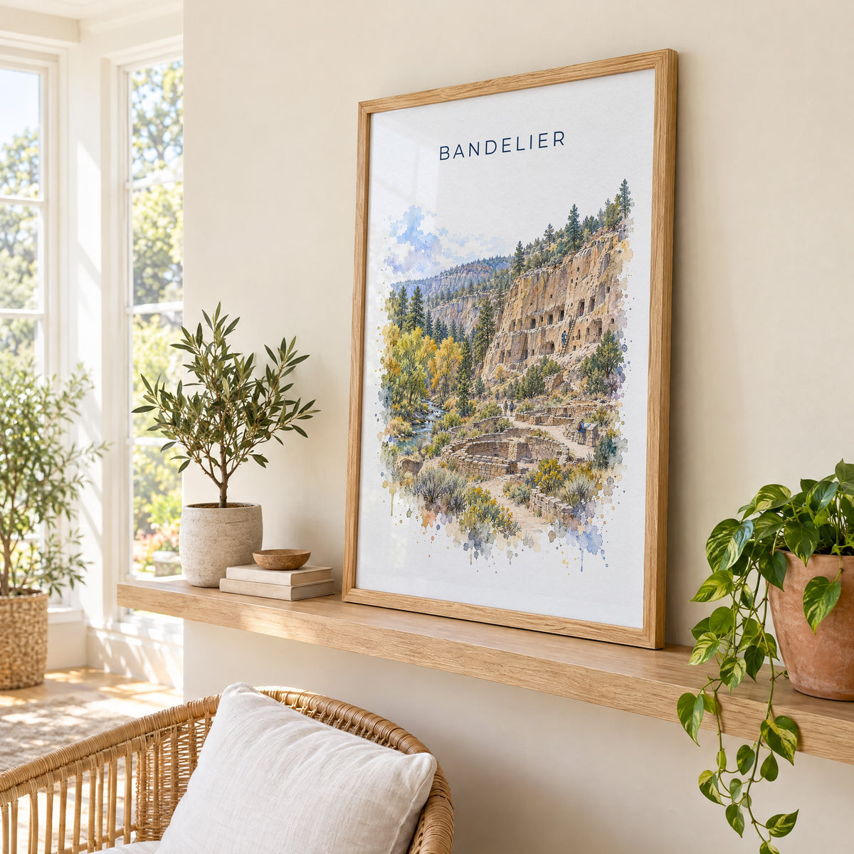 Bandelier National Monument watercolor print in an oak frame on a picture ledge in a sunlit sunroom