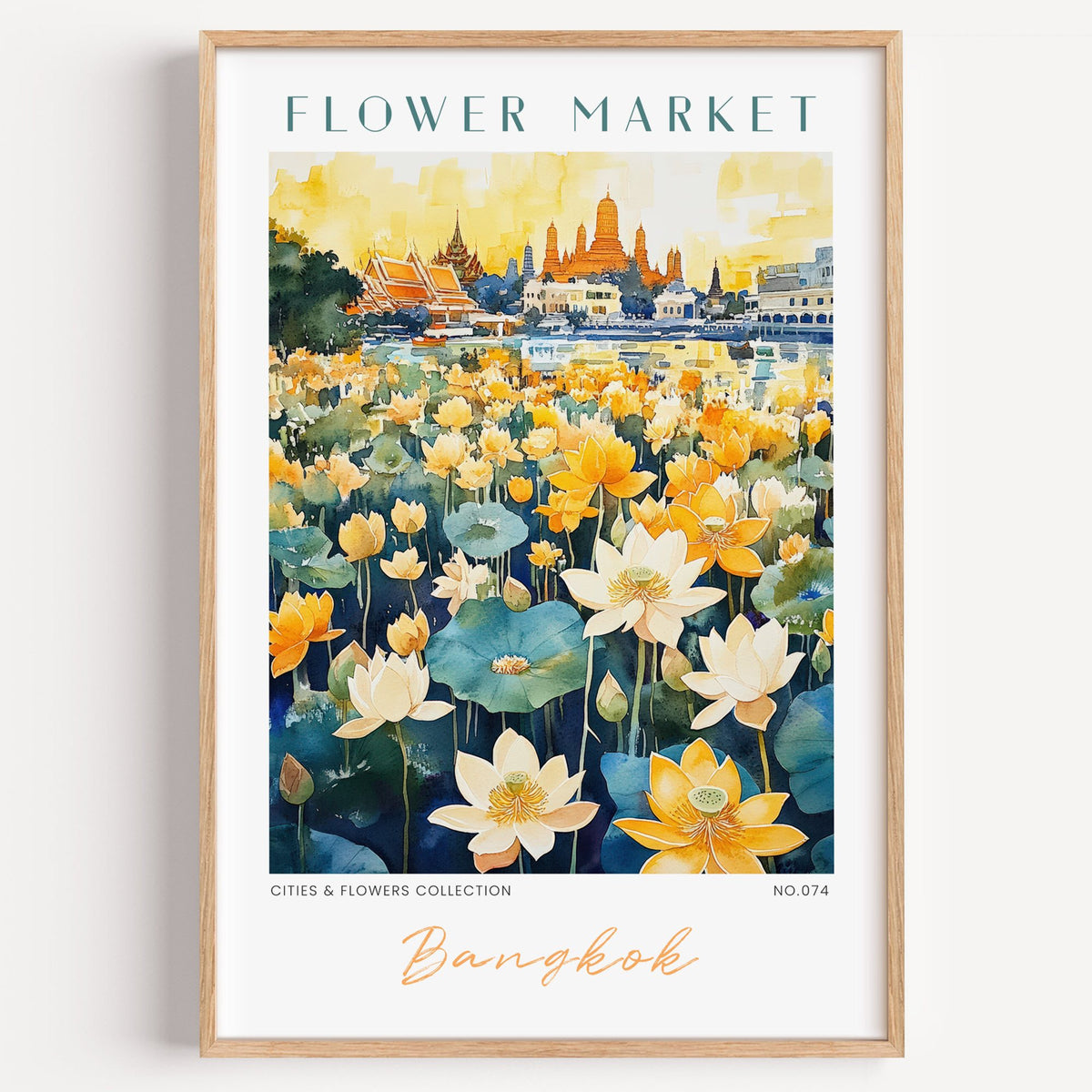 Bangkok flower market print in a light oak frame on a plain white wall