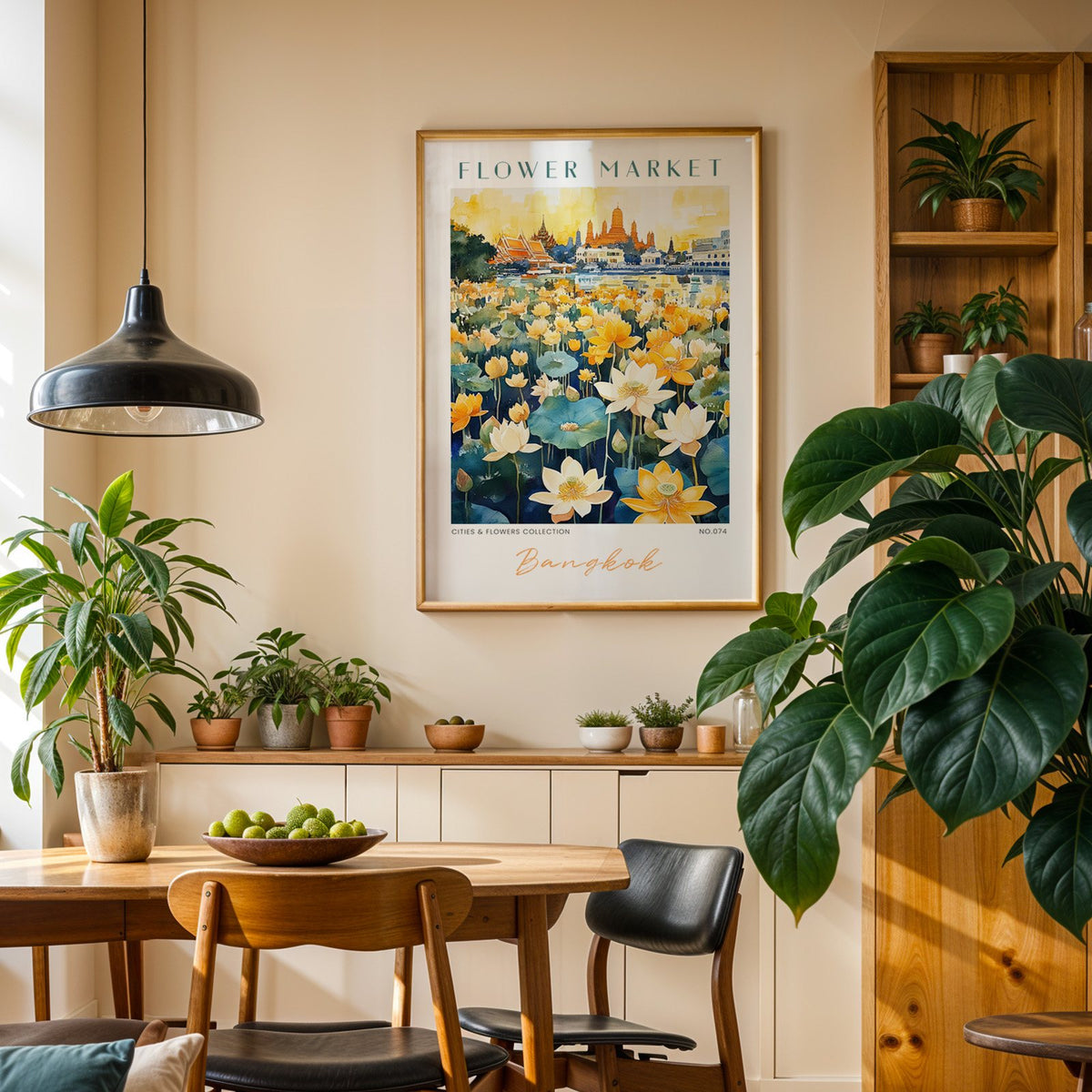 Bangkok flower market print in an oak frame above a dining sideboard lined with potted plants