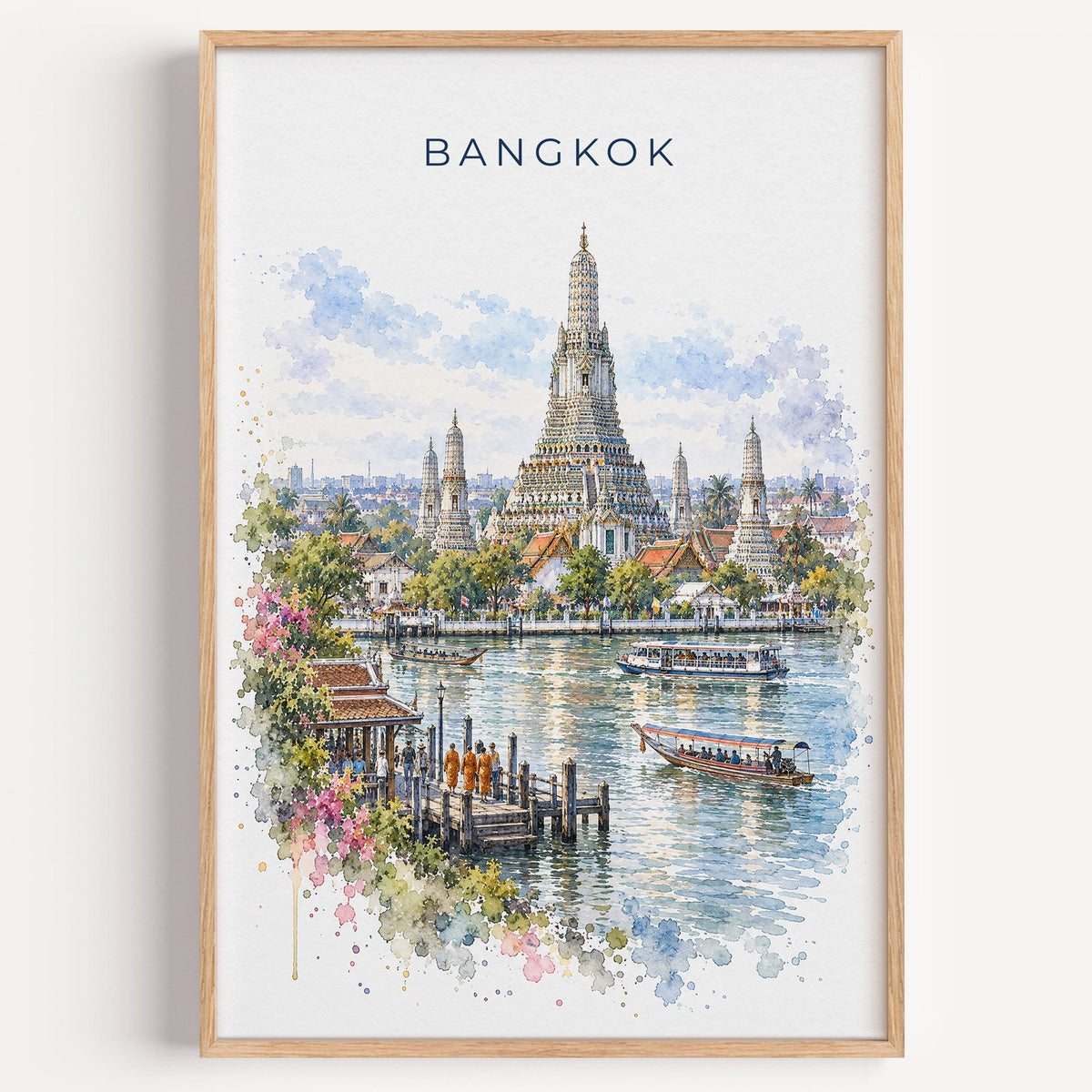 Bangkok watercolor print in a light oak frame on a plain white wall